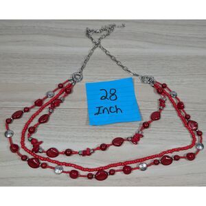 Chico’s Red Multi Strand Beaded Necklace Silver Tone Boho 28 Inch
